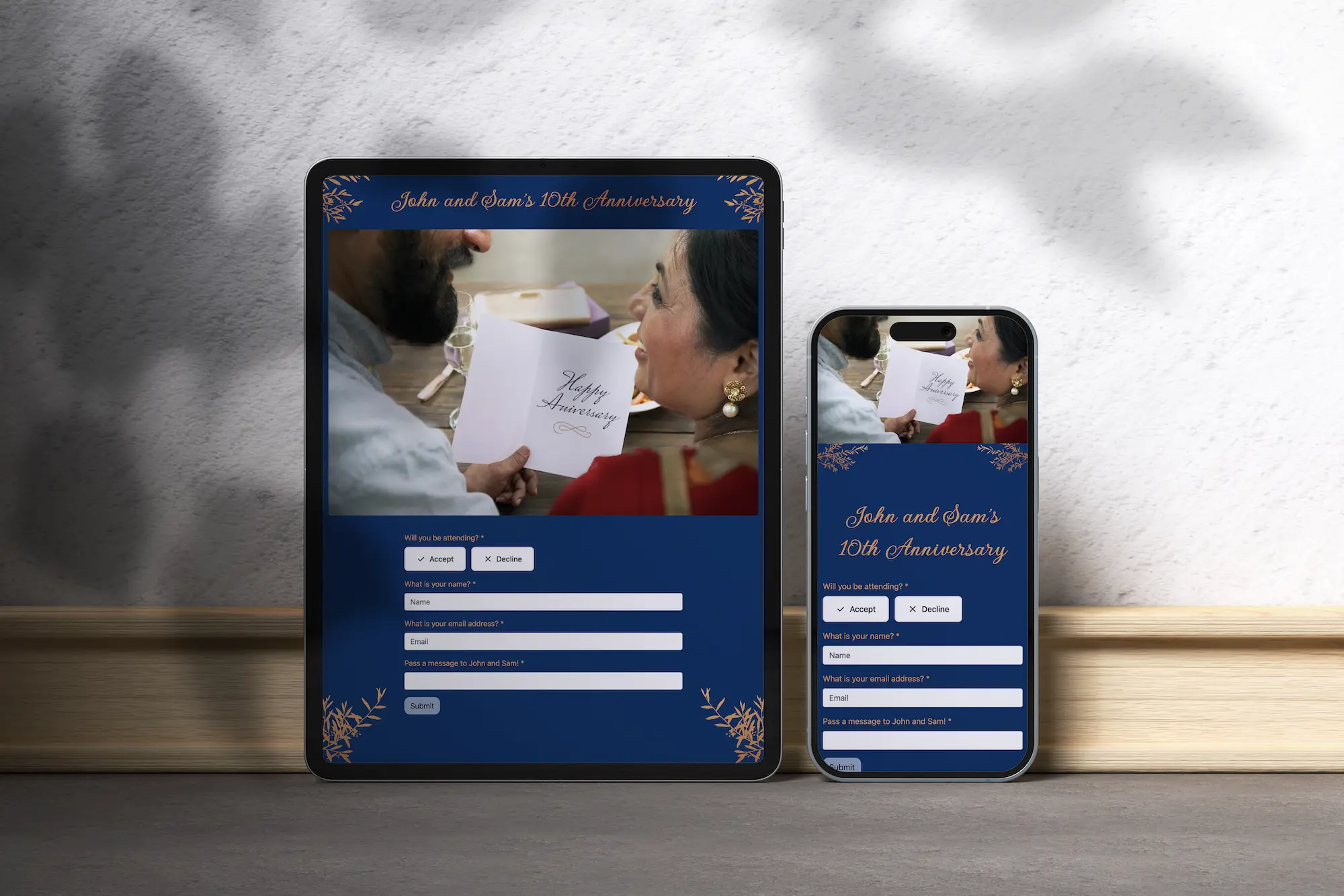 Anniversary themed rsvp form mobile and desktop.