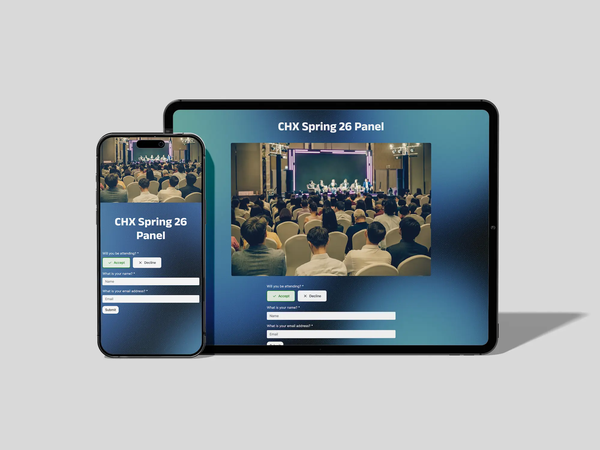 Corporate event rsvp form on mobile and desktop.