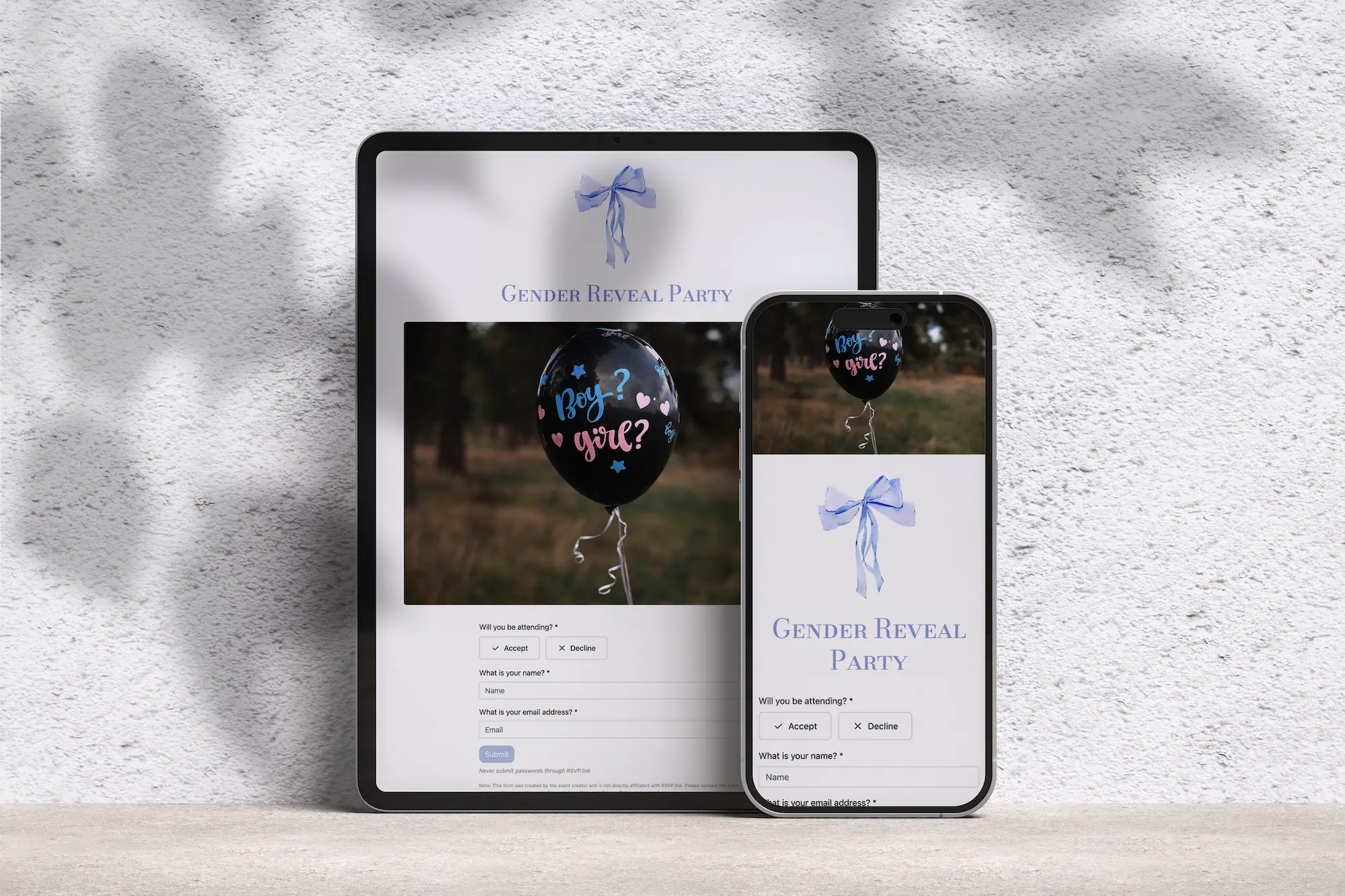 Gender reveal party rsvp form with custom theme.