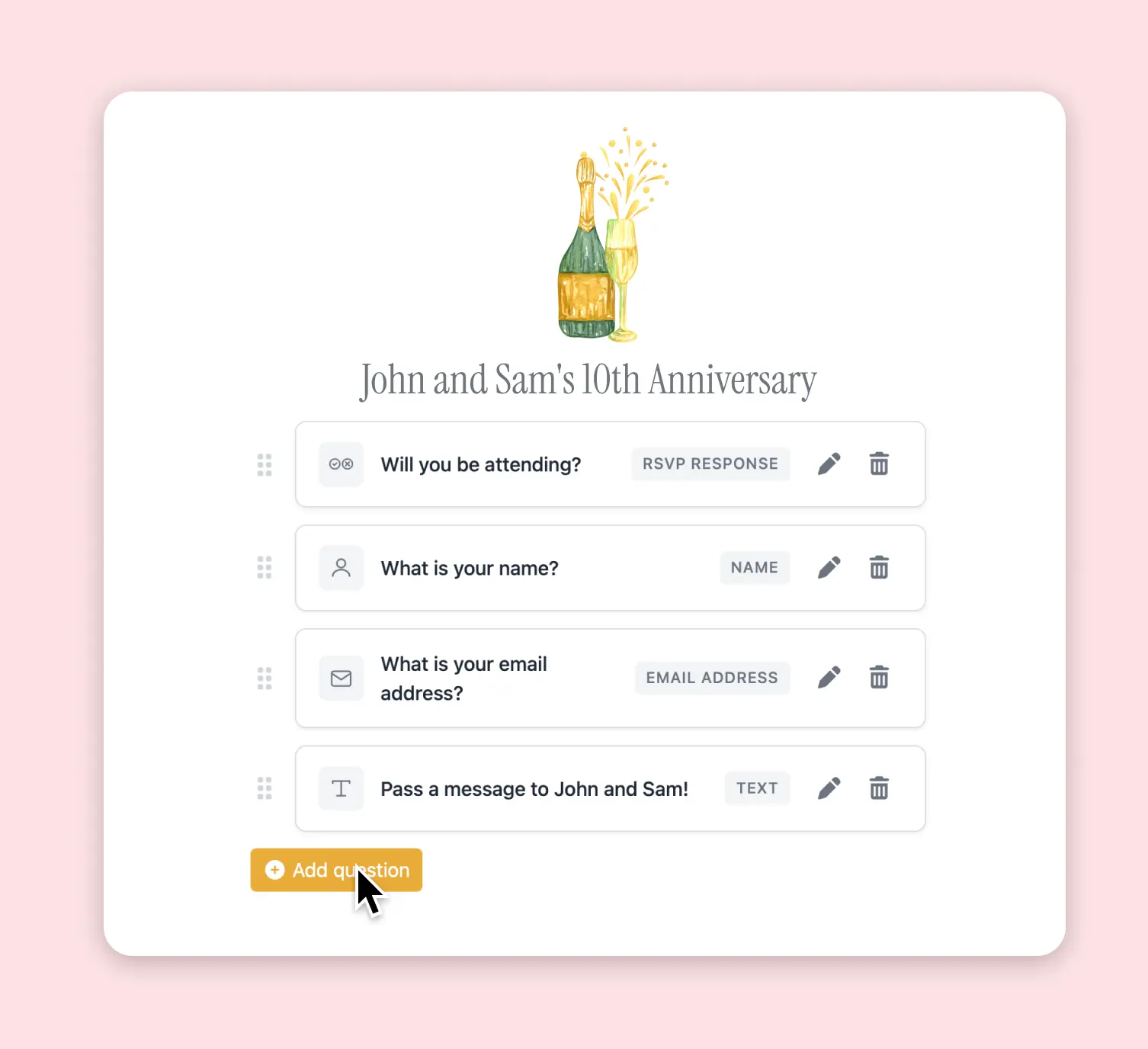 Customize your rsvp anniversary website questions.