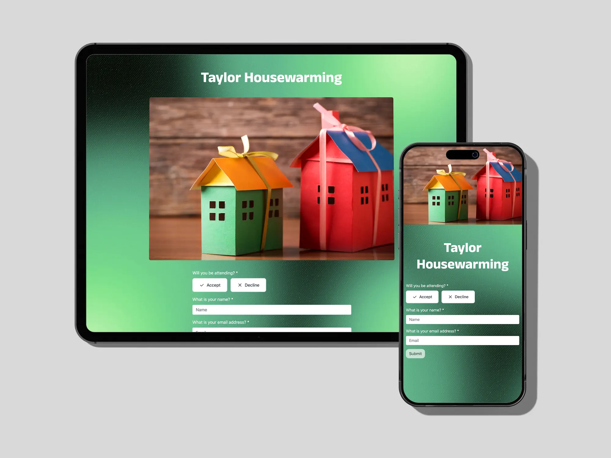 Housewarming rsvp form on mobile and tablet.