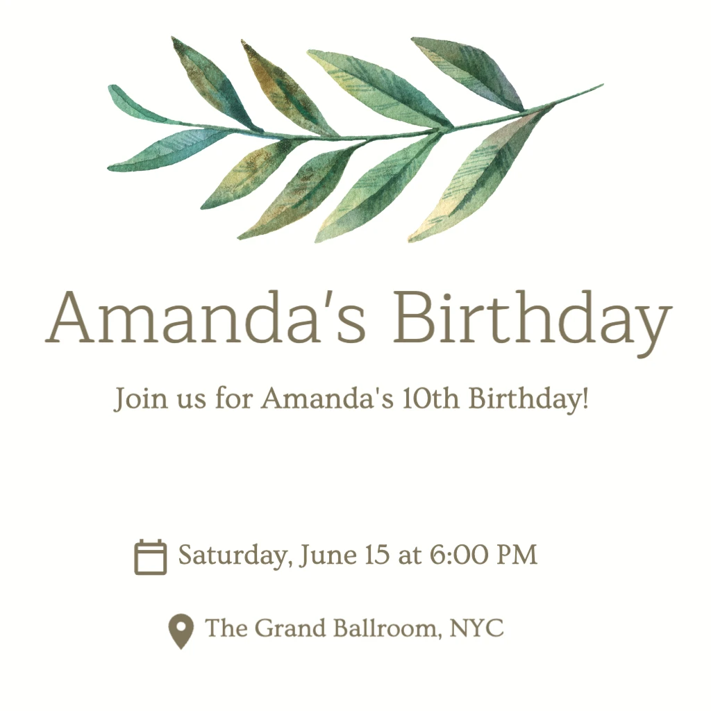 White Background with Green Fern Birthday RSVP theme