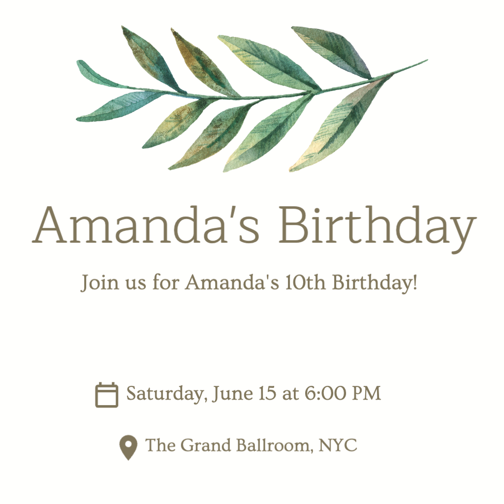 White Background with Green Fern Birthday RSVP theme