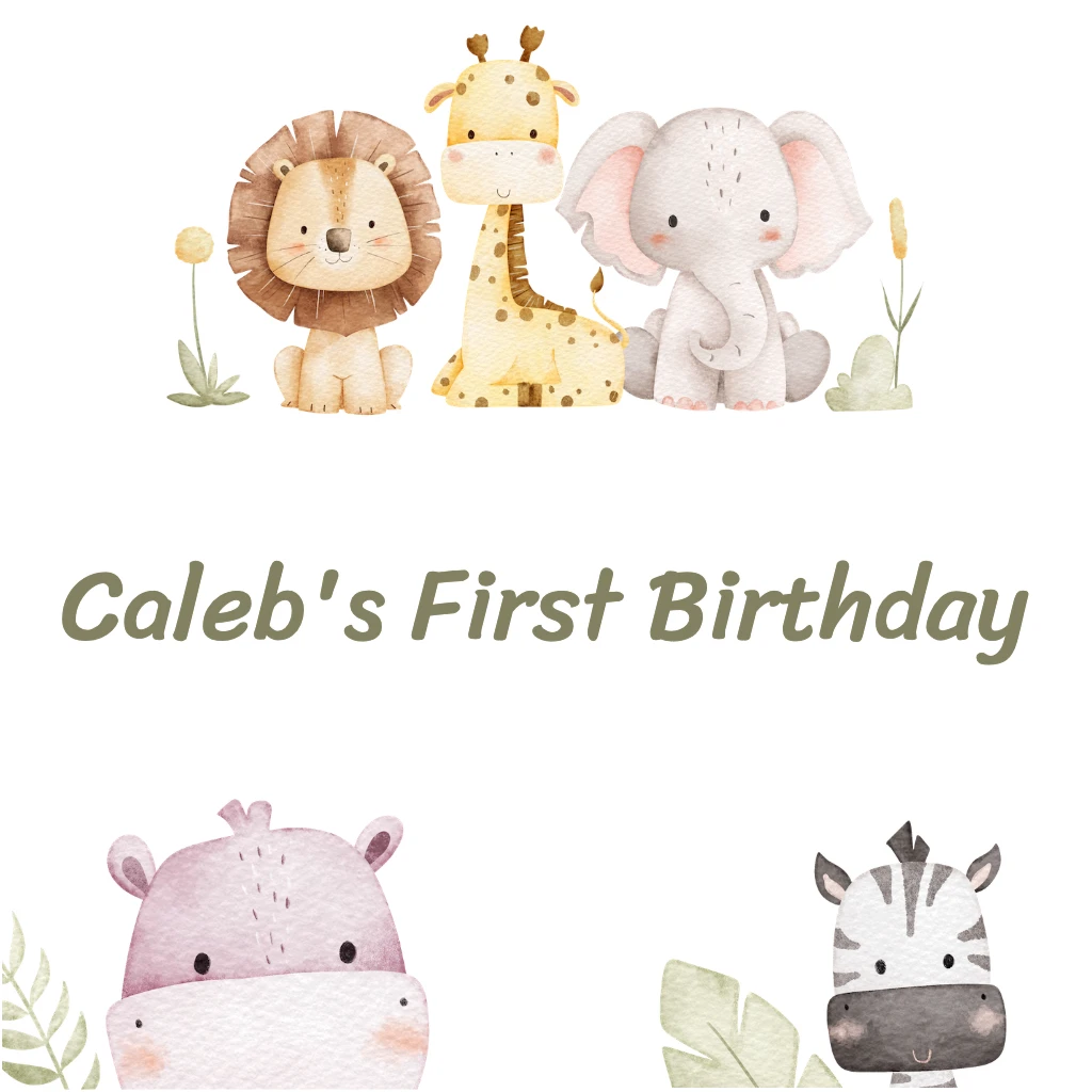 White with baby lion, giraffe, elephant Birthday RSVP theme