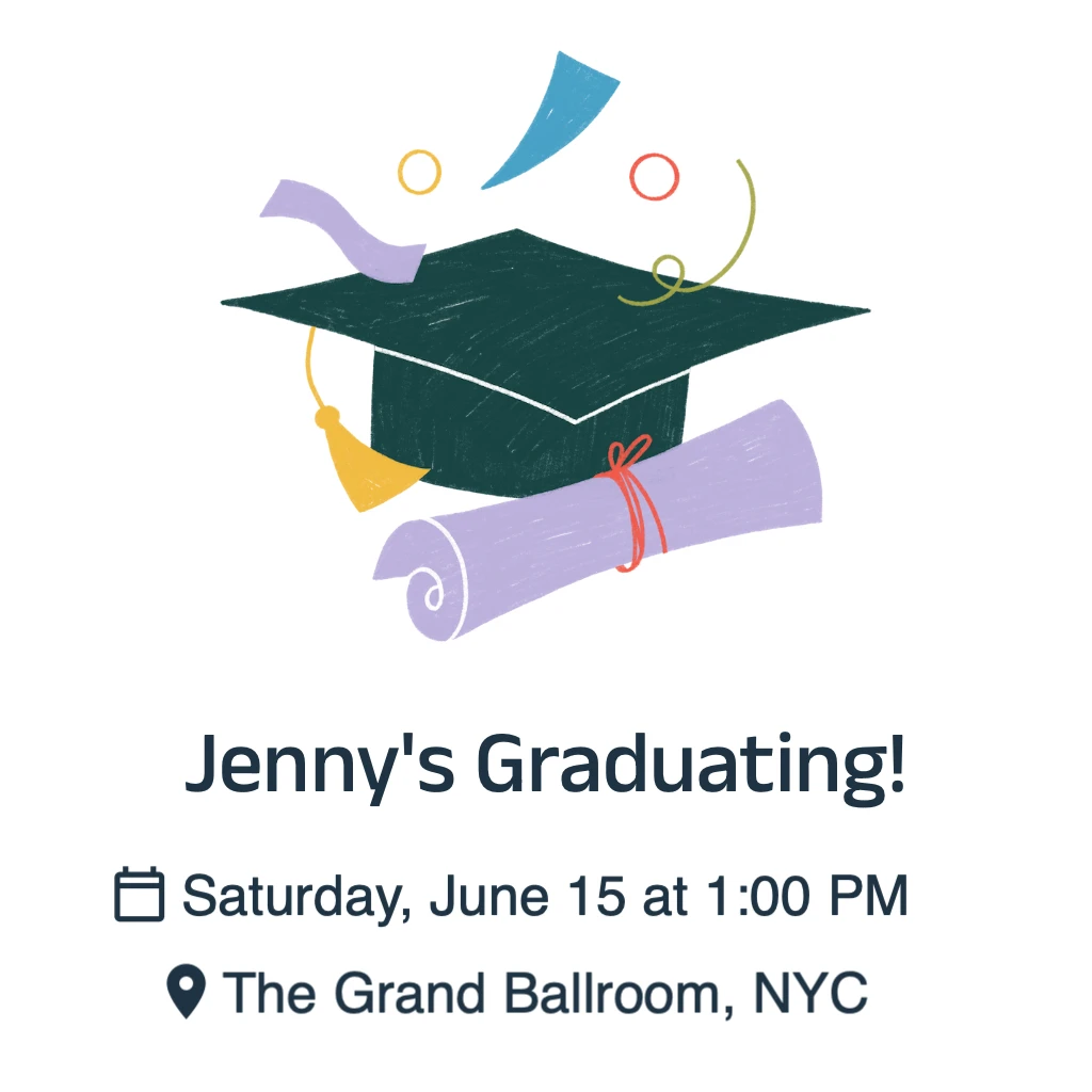 white with black graduation cap and purple diploma RSVP theme