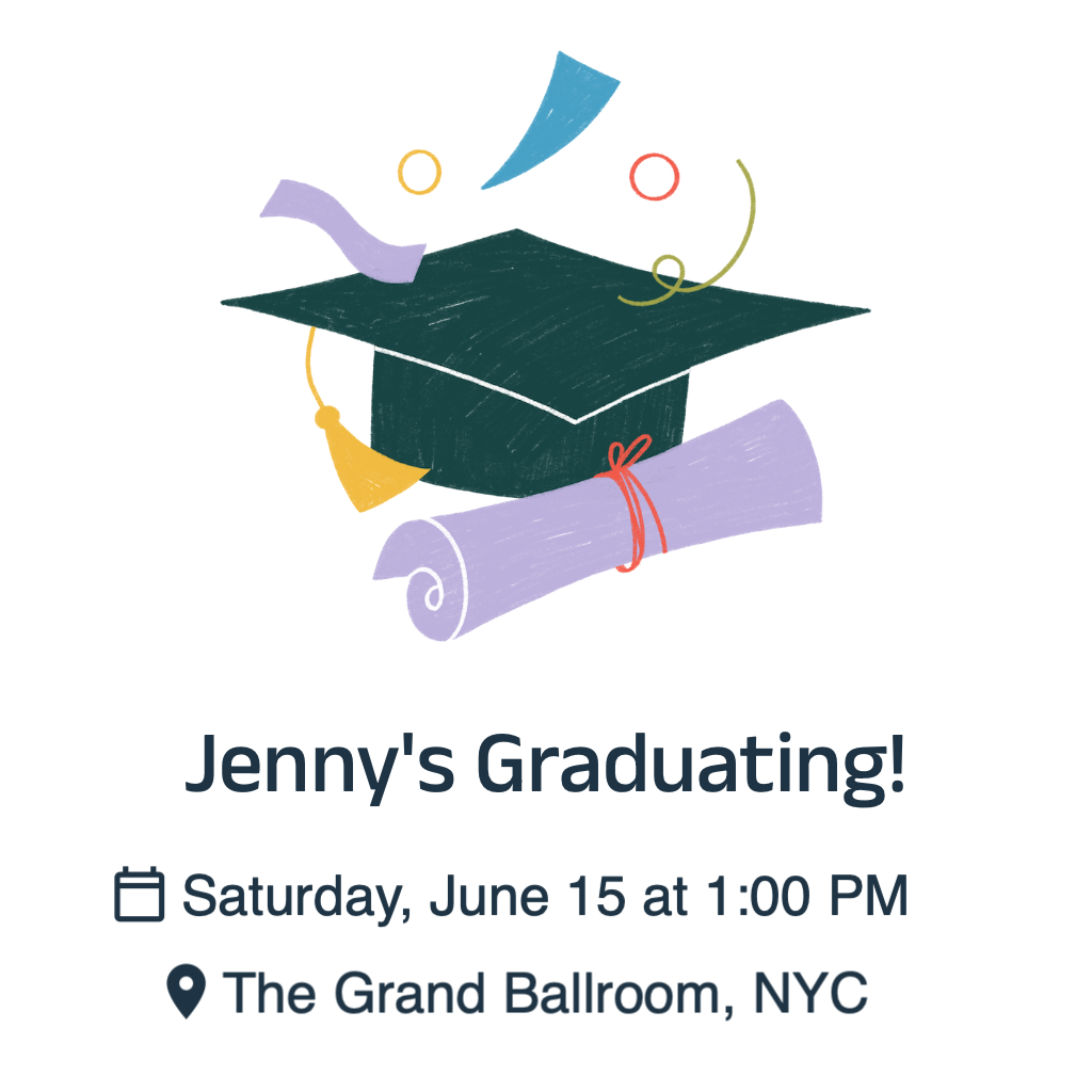 white with black graduation cap and purple diploma RSVP theme