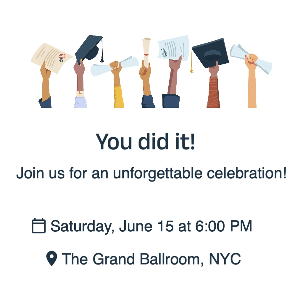 White background with people holding graduation hats and diplomas RSVP theme