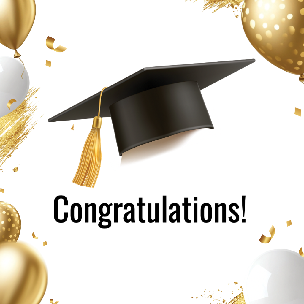 white background with graduation cap and gold balloons RSVP theme