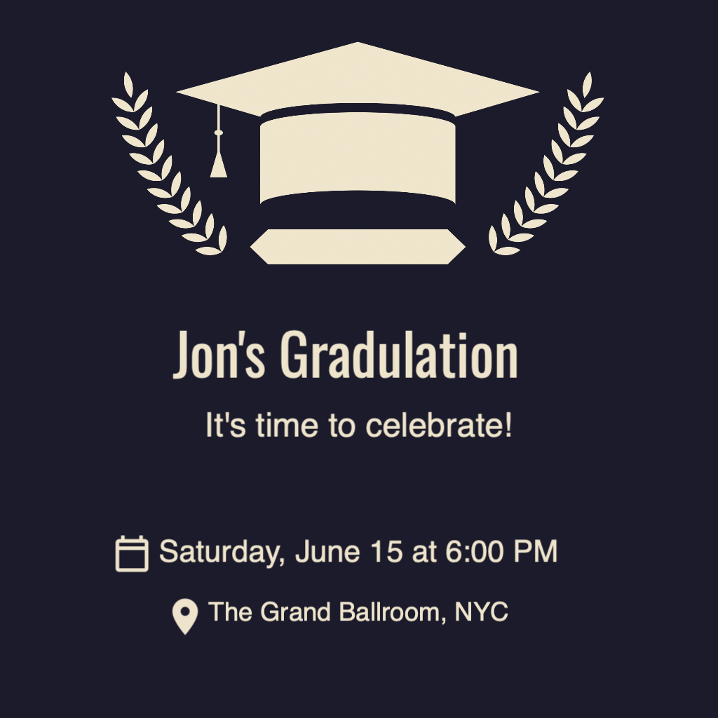 naby background with white graduation cap and wreaths around it RSVP theme