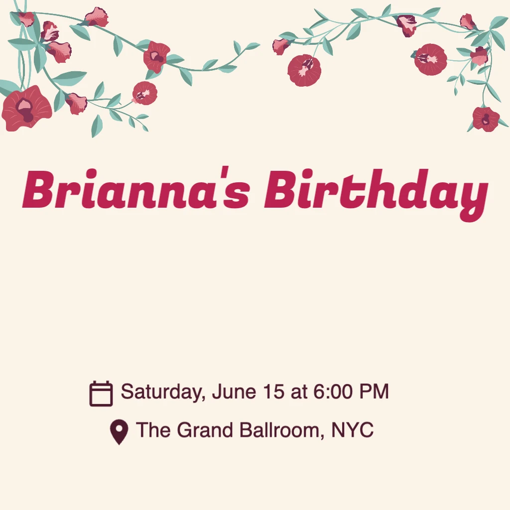 beige background with red flowers and green vines on the top and bottom corners Birthday RSVP theme