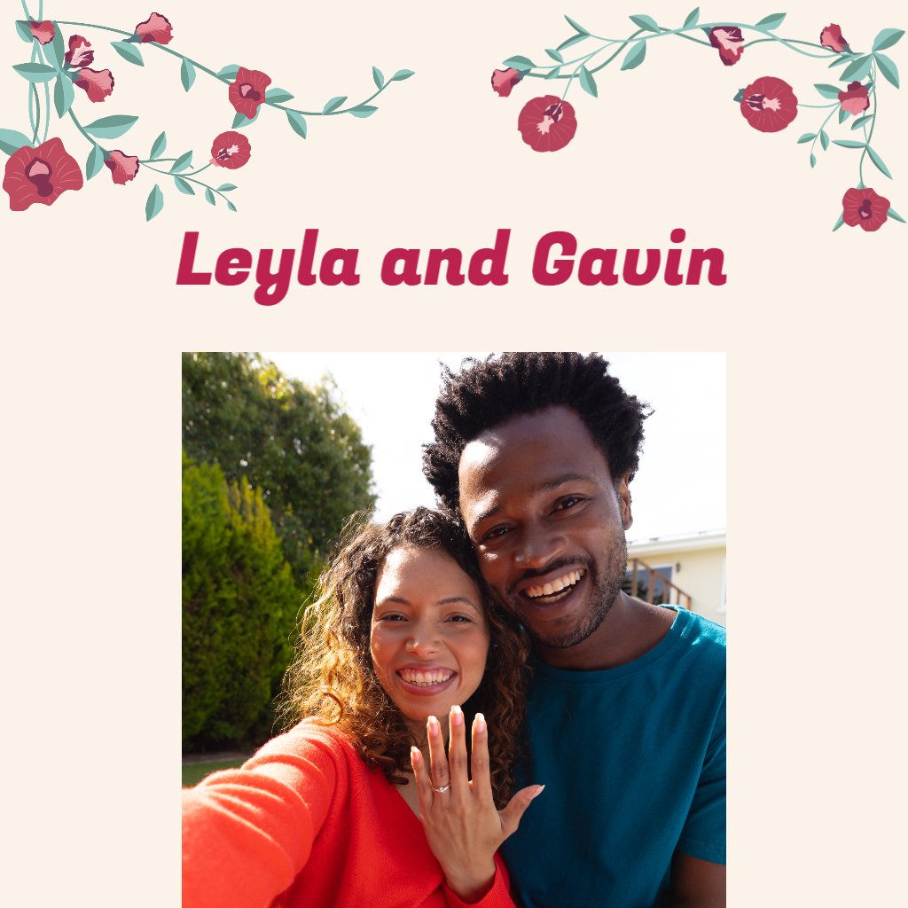 beige background with red flowers and green vines on the top and bottom corners Wedding RSVP theme