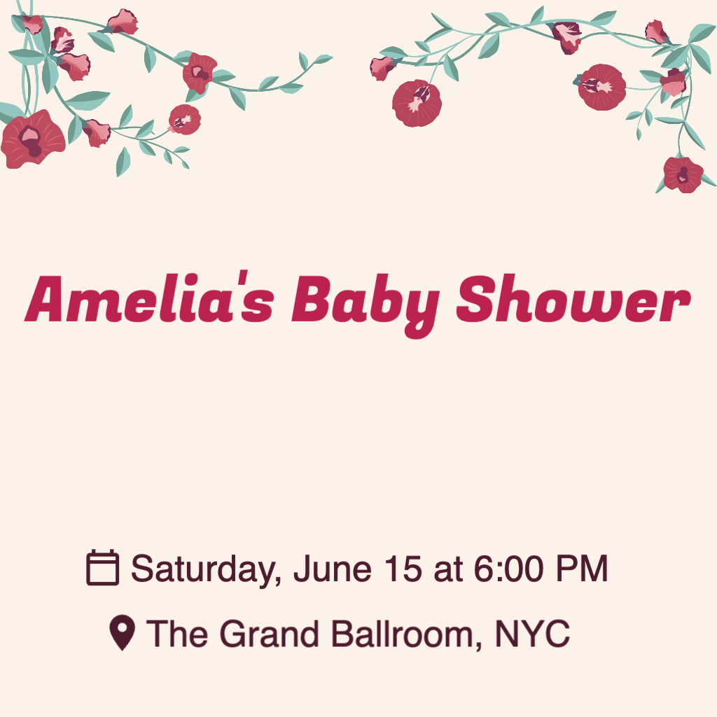 beige background with red flowers and green vines on the top and bottom corners Baby Shower RSVP theme