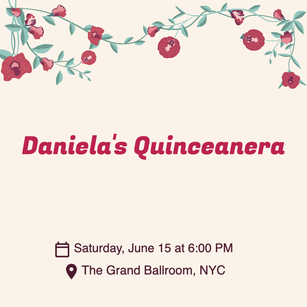 beige background with red flowers and green vines on the top and bottom corners Quinceanera RSVP theme