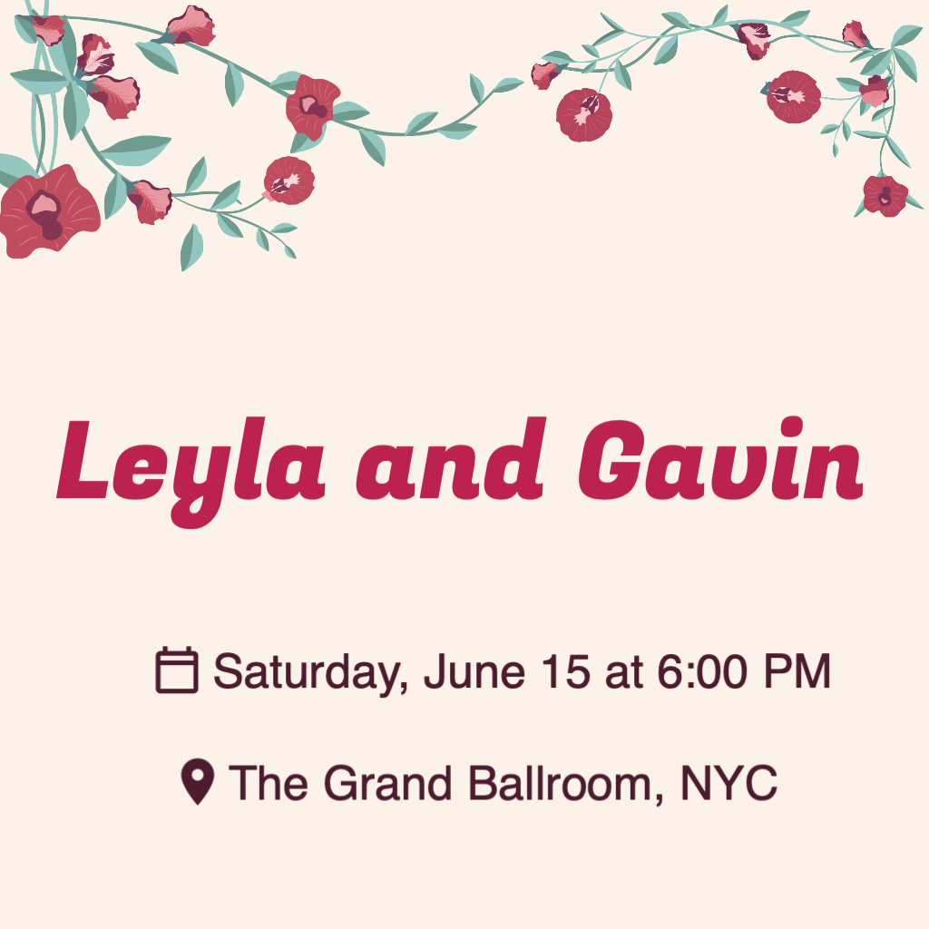 beige background with red flowers and green vines on the top and bottom corners RSVP theme