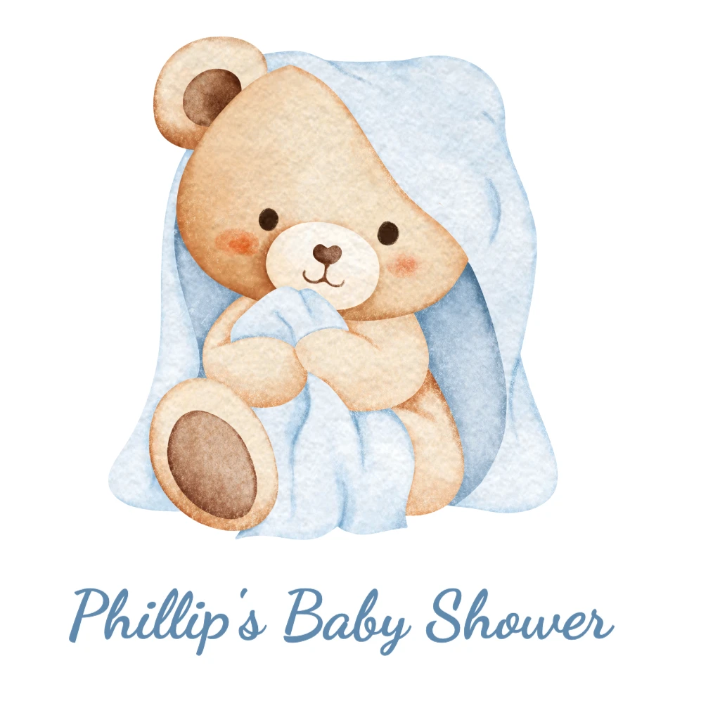 Baby bear with blue blanket baby shower RSVP theme