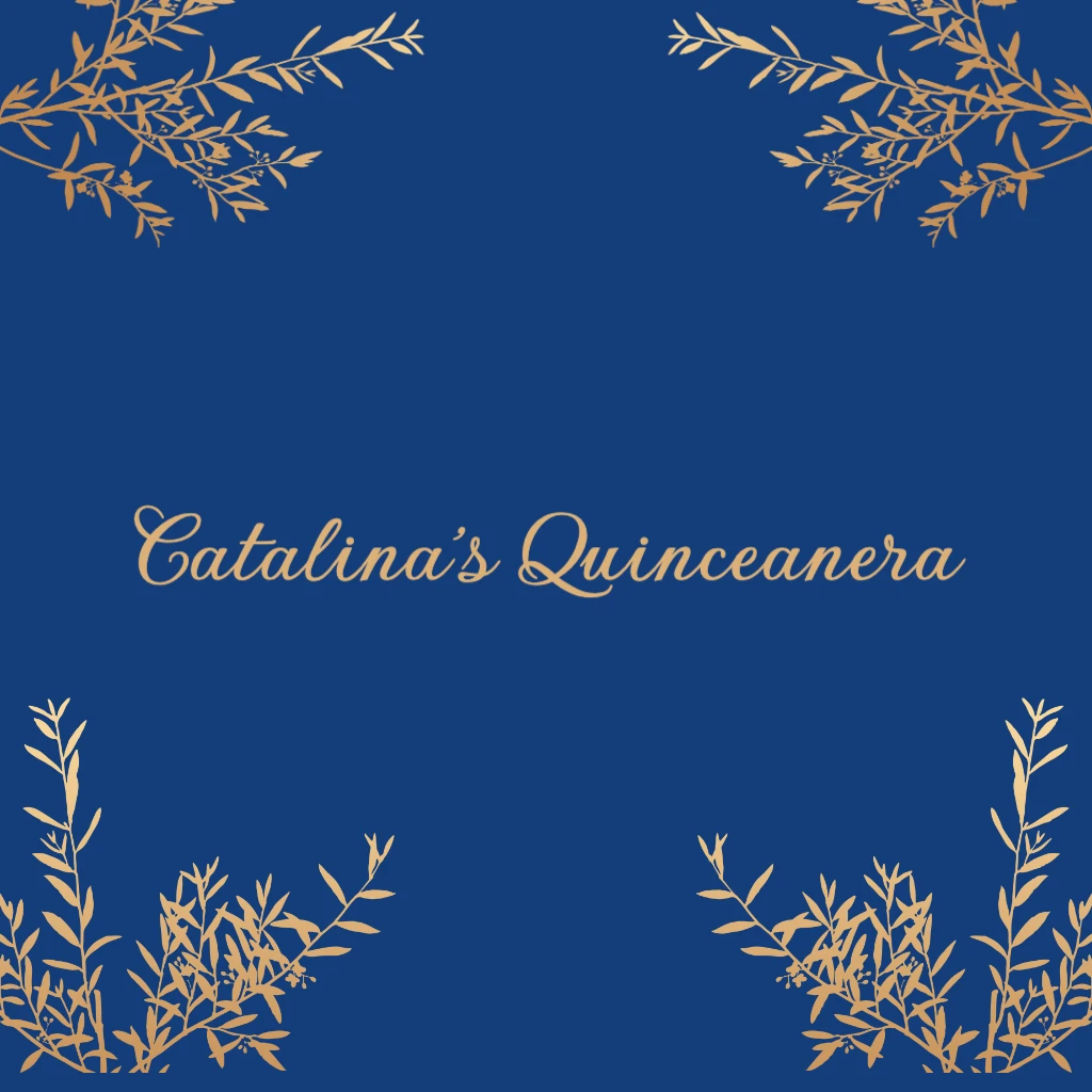 navy background with gold foil leaves Quinceanera RSVP theme