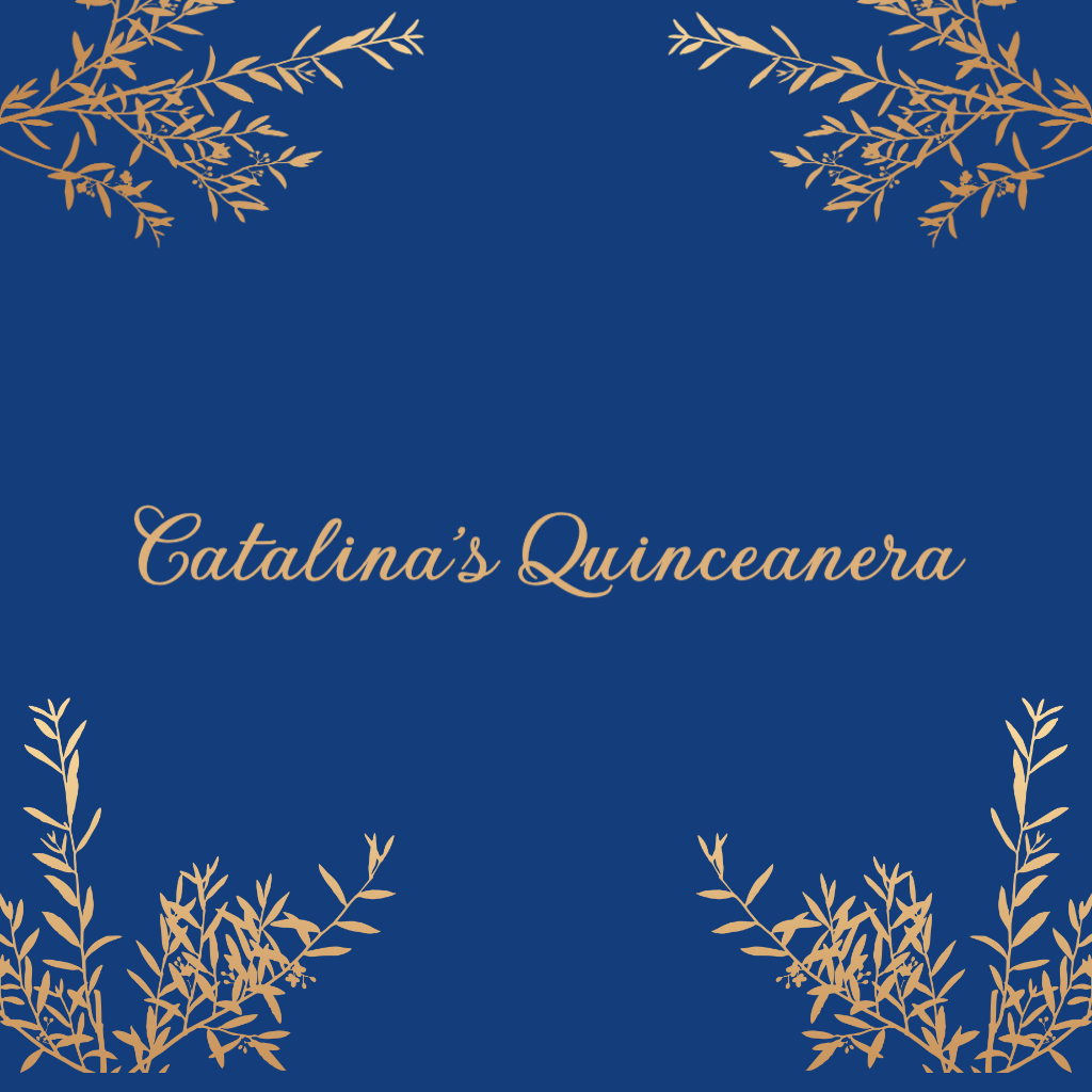 navy background with gold foil leaves Quinceanera RSVP theme