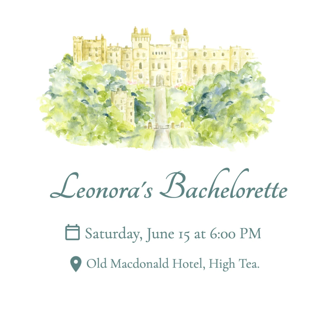 elegant castle with green foliage Bachelorette RSVP theme