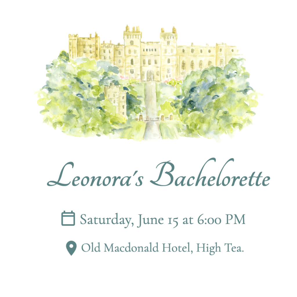 elegant castle with green foliage Bachelorette RSVP theme