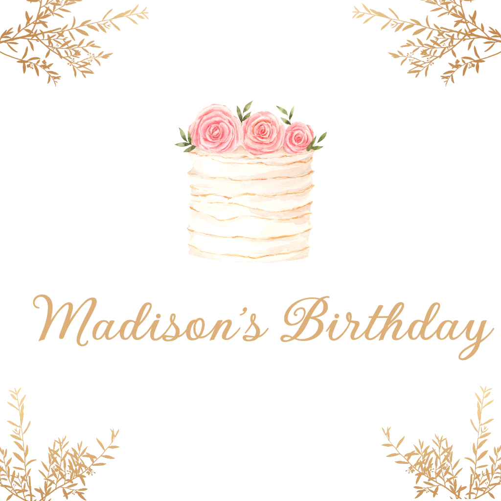 Cake with pastel pink roses, gold foil leaves in corners Birthday RSVP theme