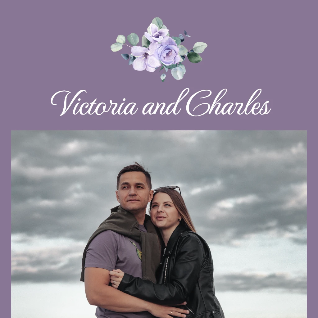 Dusty violet background with pastel purple flowers and green foliage Wedding RSVP theme