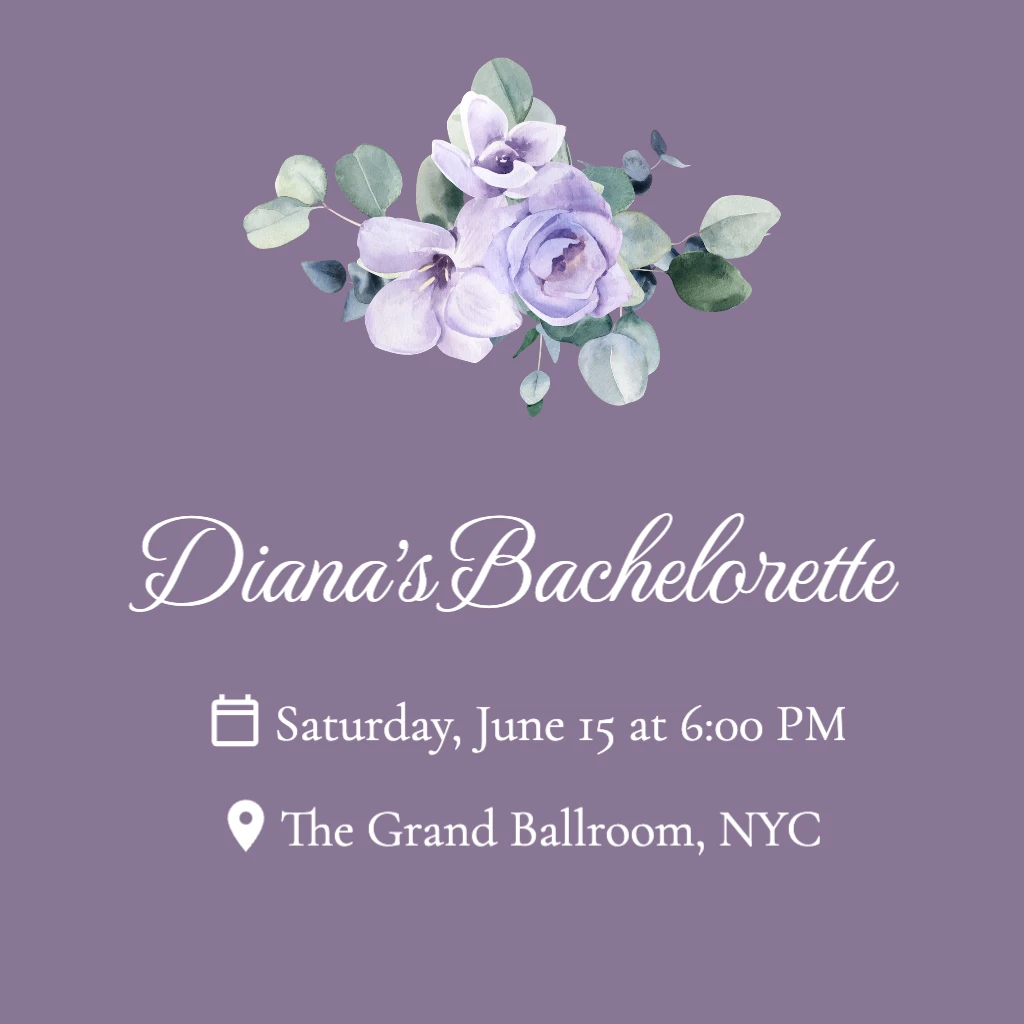 Dusty violet background with pastel purple flowers and green foliage Bachelorette RSVP theme