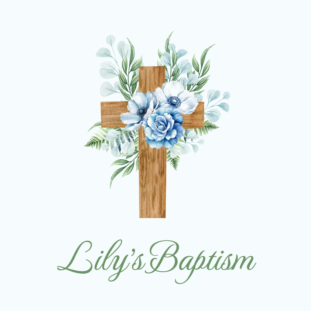 Cross with blue flowers Baptism RSVP theme