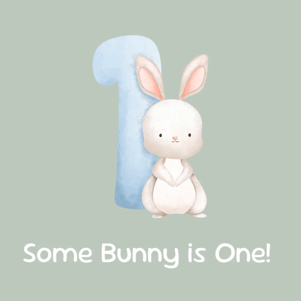Some Bunny Is One- Bunny holding blue 1 RSVP theme
