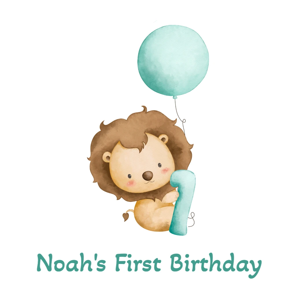 Lion holding onto green balloon with green number 1 RSVP theme