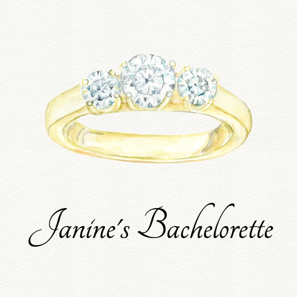 gold engagement ring with 3 diamonds Bachelorette RSVP theme