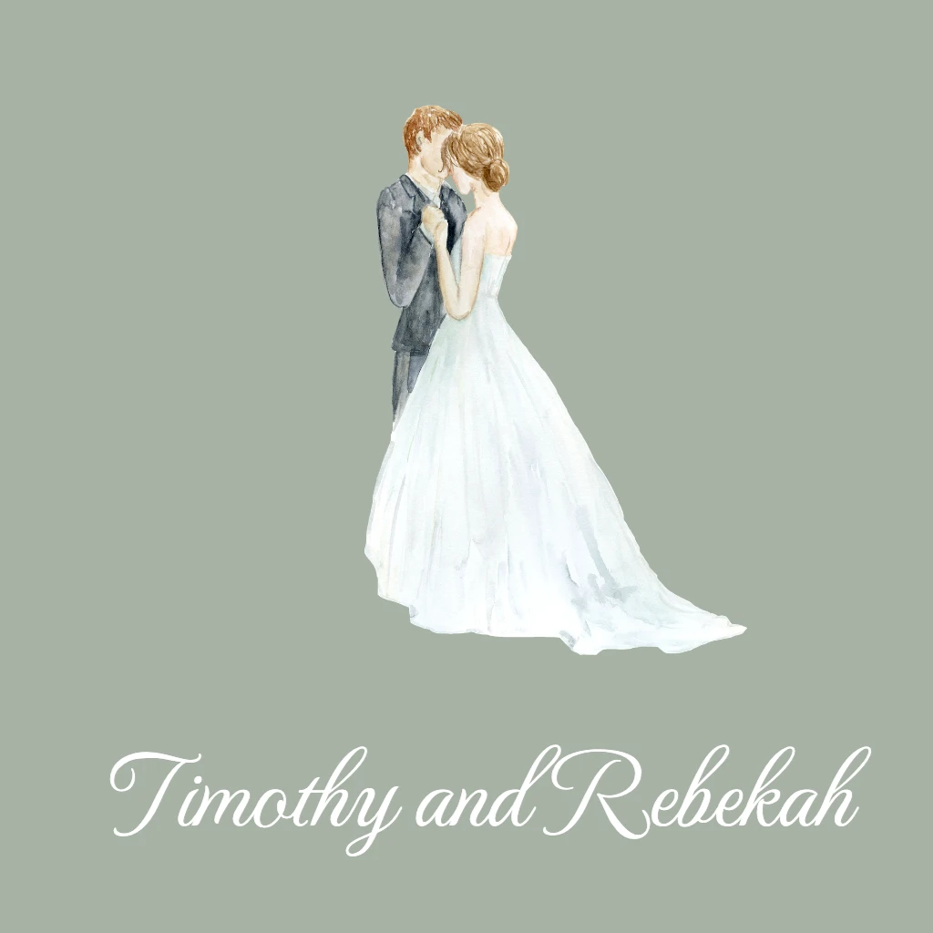 bride and groom cartoon with sage background RSVP theme